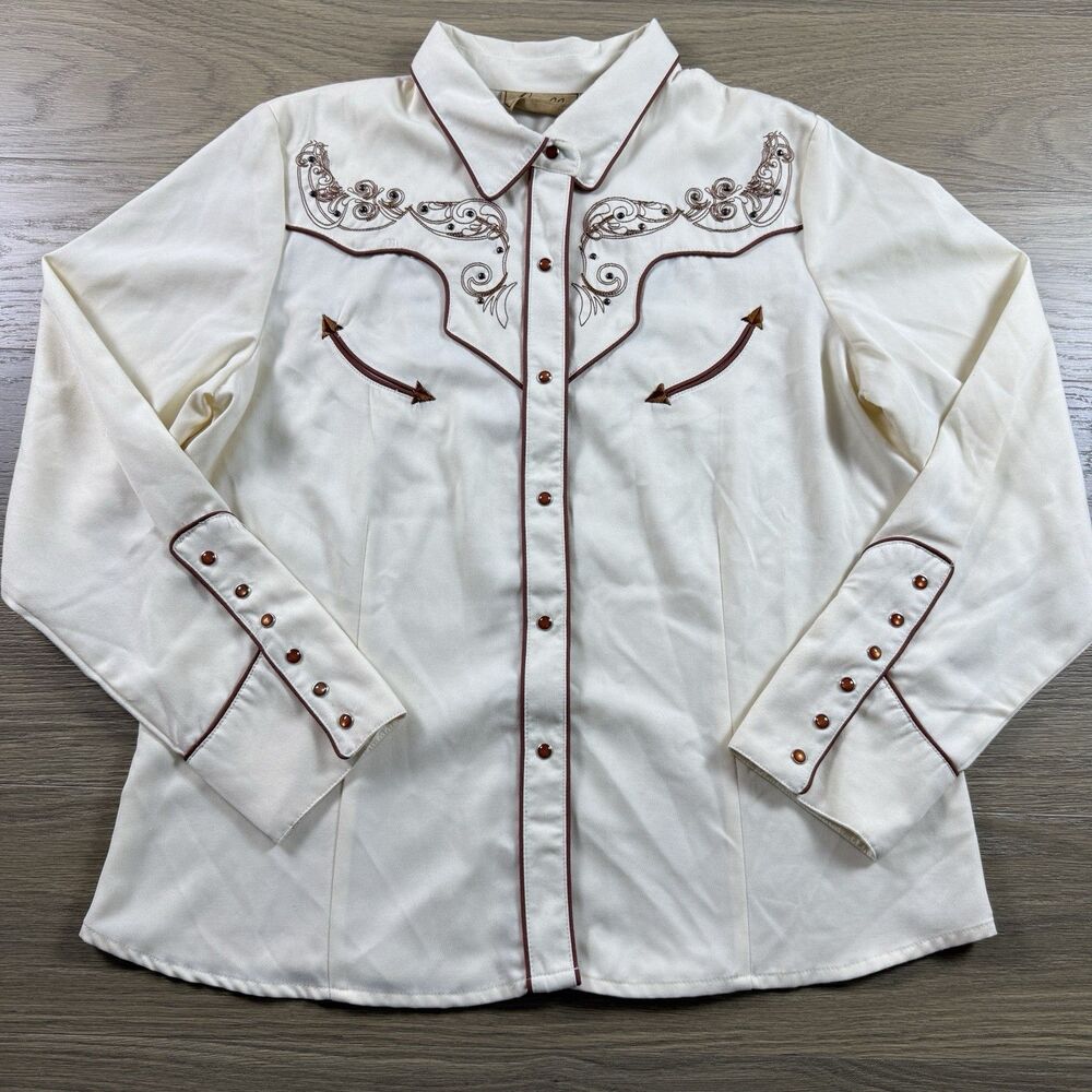 Scully Top Women XL Embroidered Westeren Pearl Snaps Winged Cross Rodeo Cream